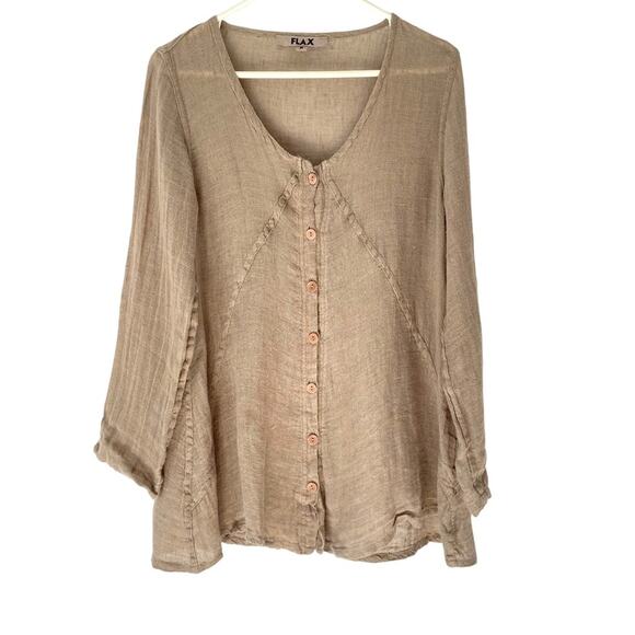 Flax Brown Linen Cotton Button Down Tunic Top Blouse size P Small - Picture 1 of 7